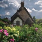 Thatched Roof Cottage in Lush Garden with Roses