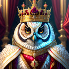 Colorful Owl Illustration in Regal Attire with Pillars & Intricate Patterns