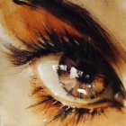 Artistic close-up of stylized eye with golden glitter makeup and fiery hues