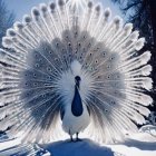 Colorful peacock with vibrant eyespots in snowy landscape