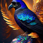 Majestic raven with iridescent feathers perched on ornate jewels beside tiny bird and