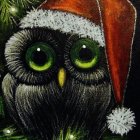 Colorful Owl in Santa Hat Surrounded by Pine Branches on Starry Night
