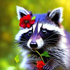 Raccoon with Vibrant Red Flowers on Head in Soft-focus Green Background