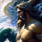Powerful Bearded Male Figure Emerging from Ocean with Dynamic Waves