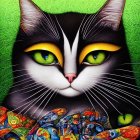 Colorful Cat Illustration with Flowers and Butterflies