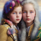 Vintage-Style Uniformed Children with Striking Eyes and Painted Aesthetic