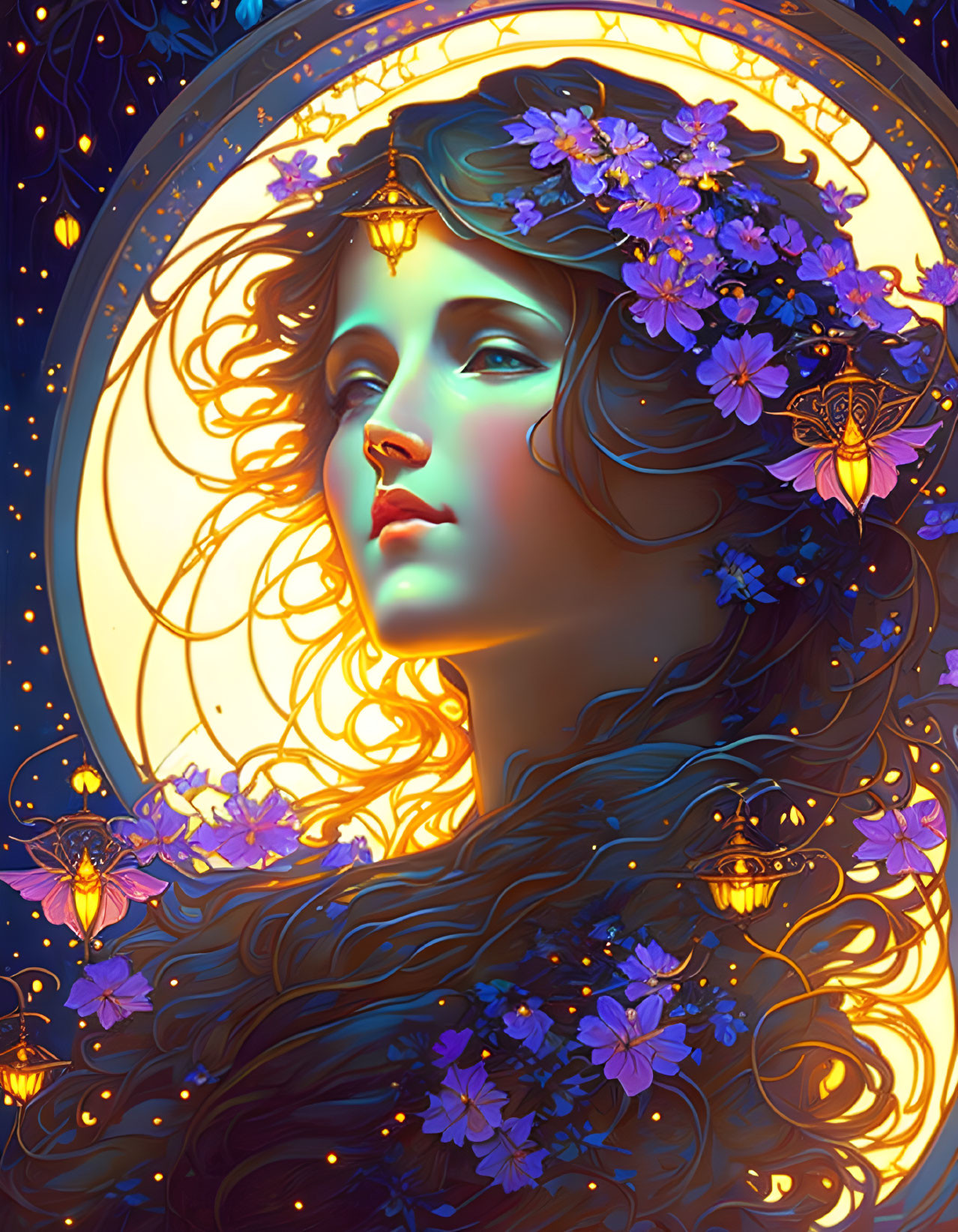 Woman with flowing hair, flowers, and butterflies under a glowing moon.