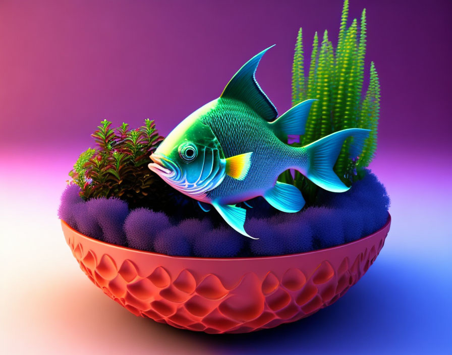 Colorful digital fish illustration swimming in red bowl with coral, purple and pink background