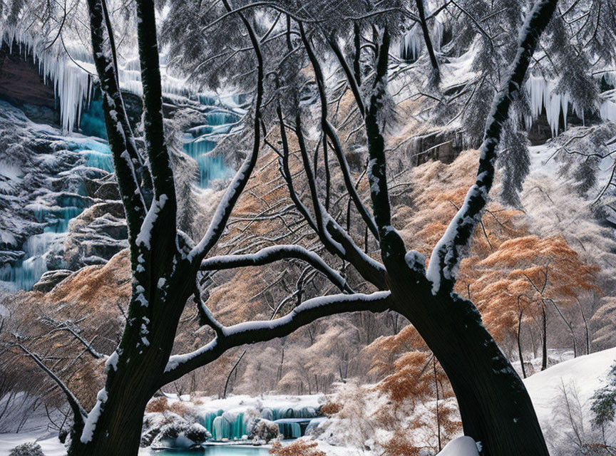 Frozen Waterfall in Snowy Landscape with Icicles and Leafless Trees