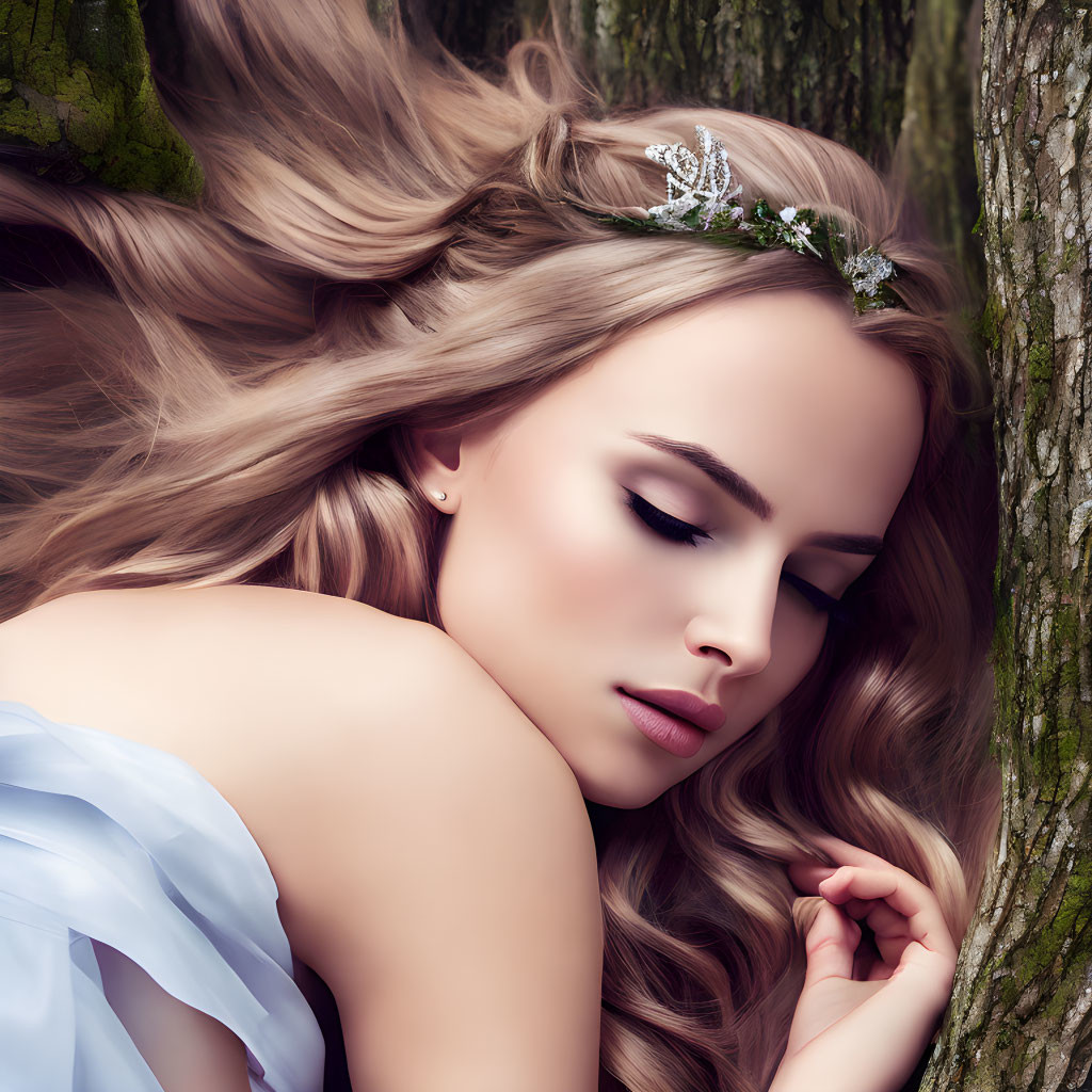 Woman with Long Flowing Hair and Tiara Resting Against Tree