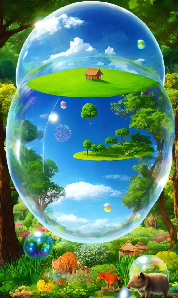 Colorful fantasy landscape with animals and floating island in bubble