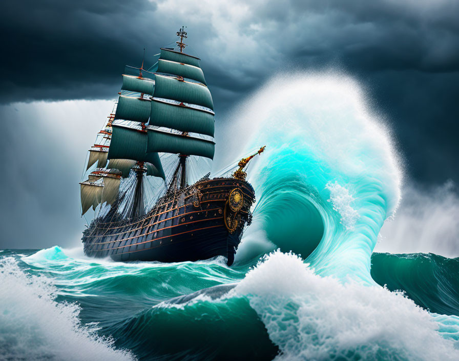 Old Ship with Full Sails Battles Stormy Ocean Waves