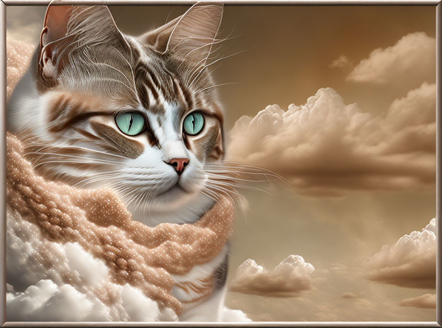 Tabby cat digital artwork with blue eyes blending into cloudy sky
