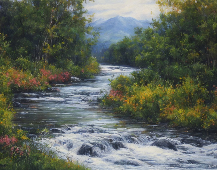 Tranquil river painting with lush landscape and mountains