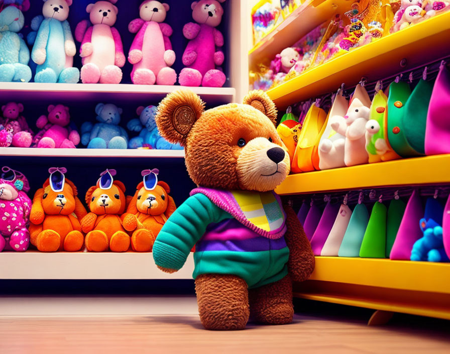 Plush Teddy Bear in Sweater in Colorful Toy Store