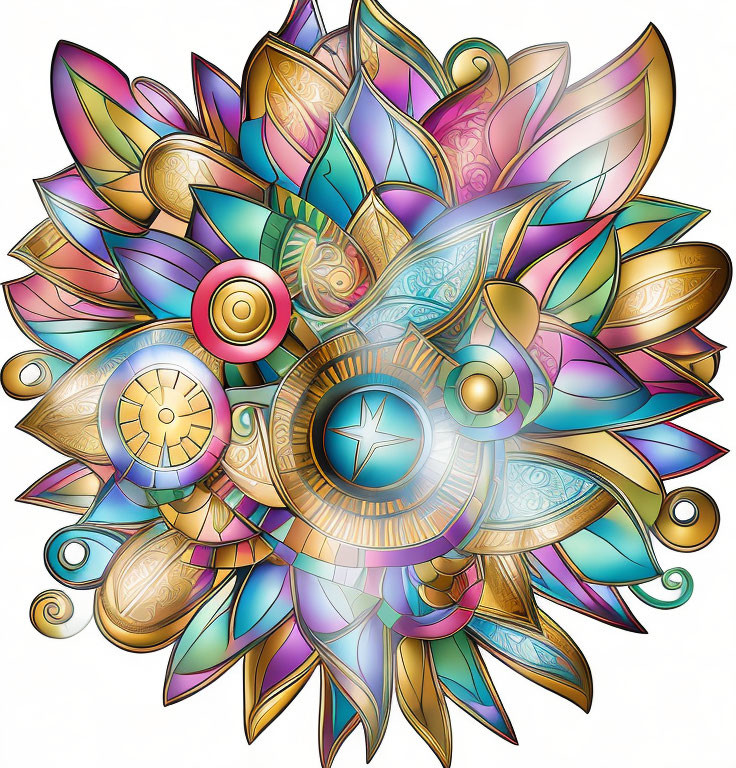 Colorful Mandala with Intricate Patterns in Blue, Pink, and Gold