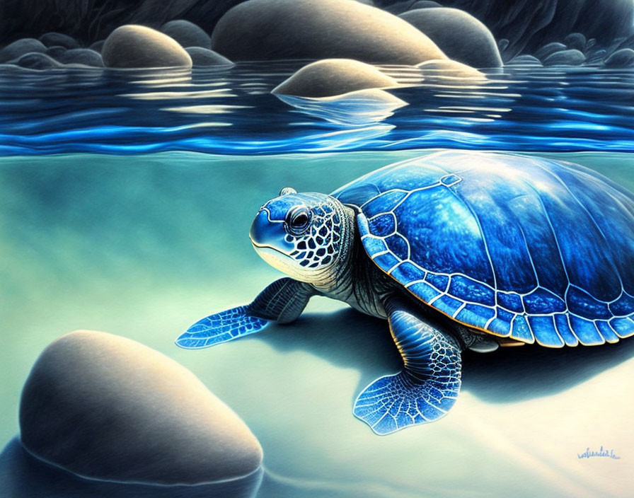 Blue sea turtle swimming near ocean floor with smooth stones in clear water