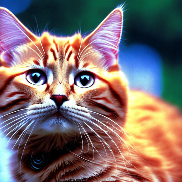 Vibrant ginger tabby cat with green eyes on blurred blue background
