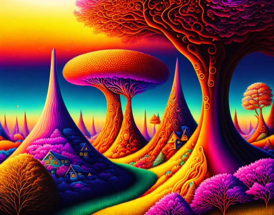 Colorful surreal landscape with mushroom trees, triangular houses, and gradient sunset.