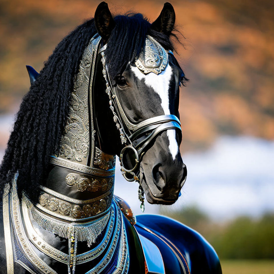 Majestic black horse with silver bridle in autumnal setting