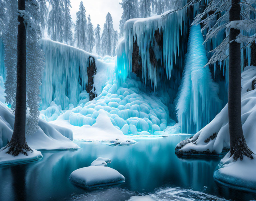 Frozen Waterfall and Snowy Landscape with River