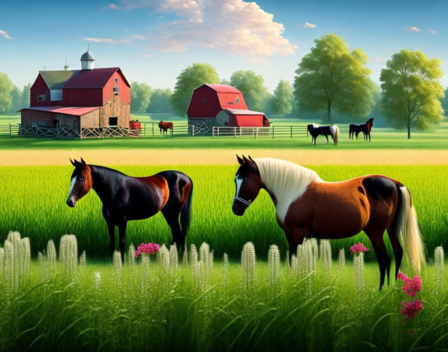 Horses grazing in green field with red barns under blue sky