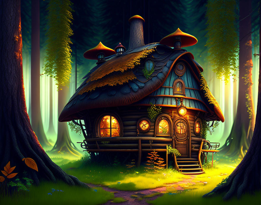 Whimsical cottage with thatched roof in enchanted forest at twilight