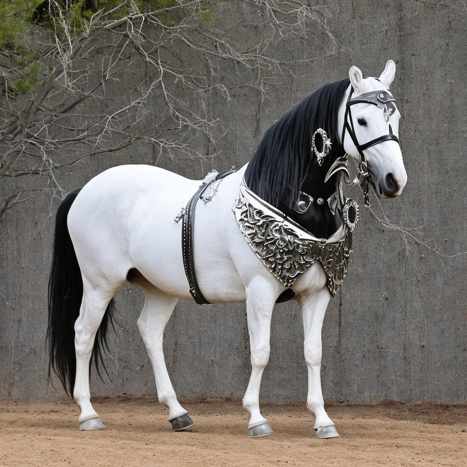 White horse with black mane in silver bridle against earthy backdrop