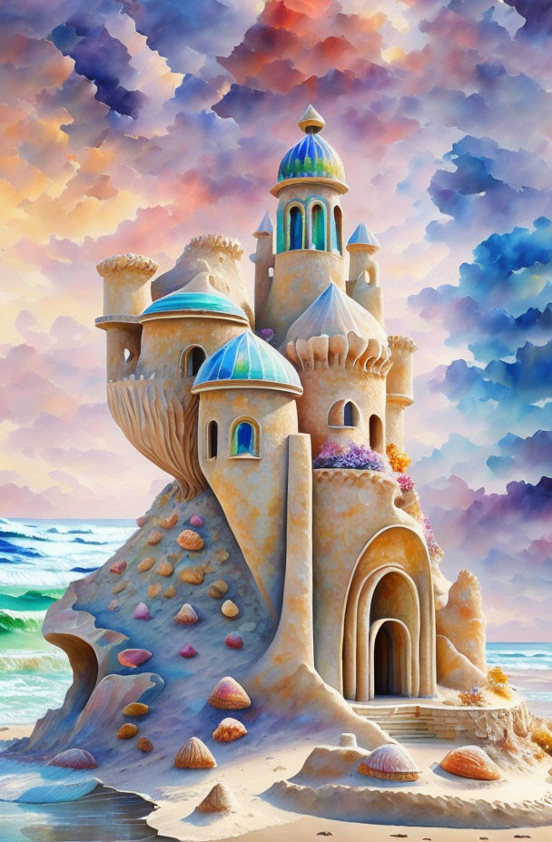 Intricately sculpted sandcastle with towers and blue domes on beach shore
