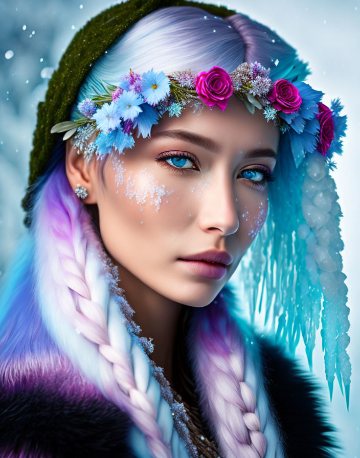 Pastel-haired woman with flower crown and snowflakes, green headband