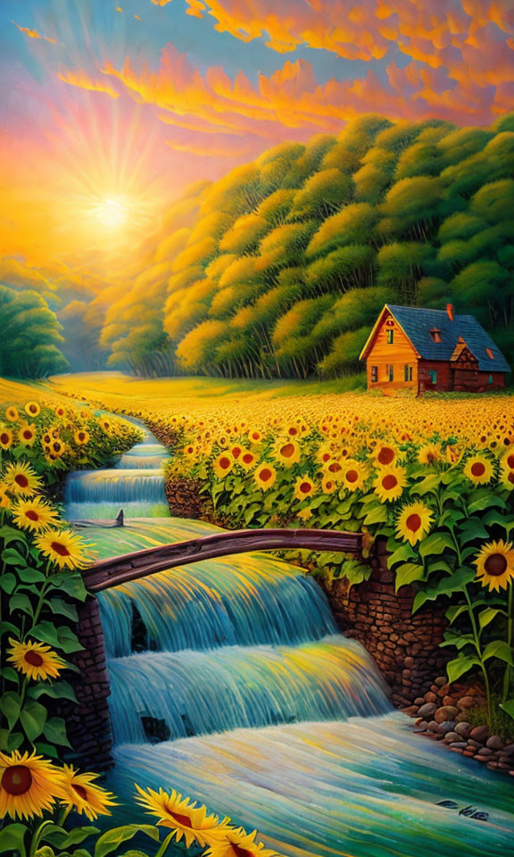 Colorful Countryside Landscape with Sunflower Field, Waterfall, and Sunset Sky