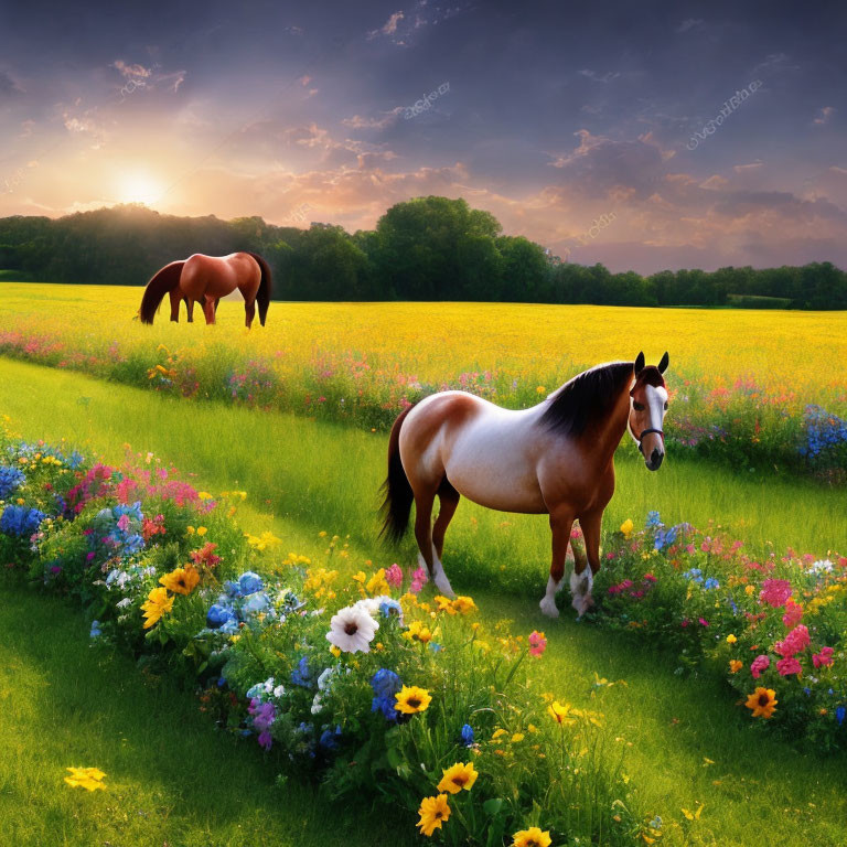 Two horses in vibrant wildflower field under sunset sky
