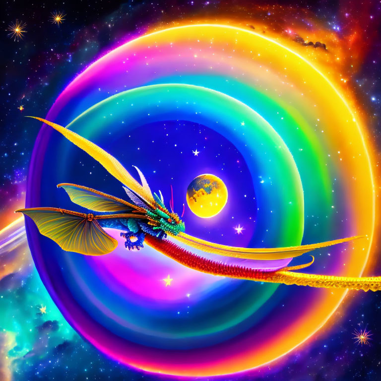 Colorful digital artwork: Mythical dragon in cosmic space