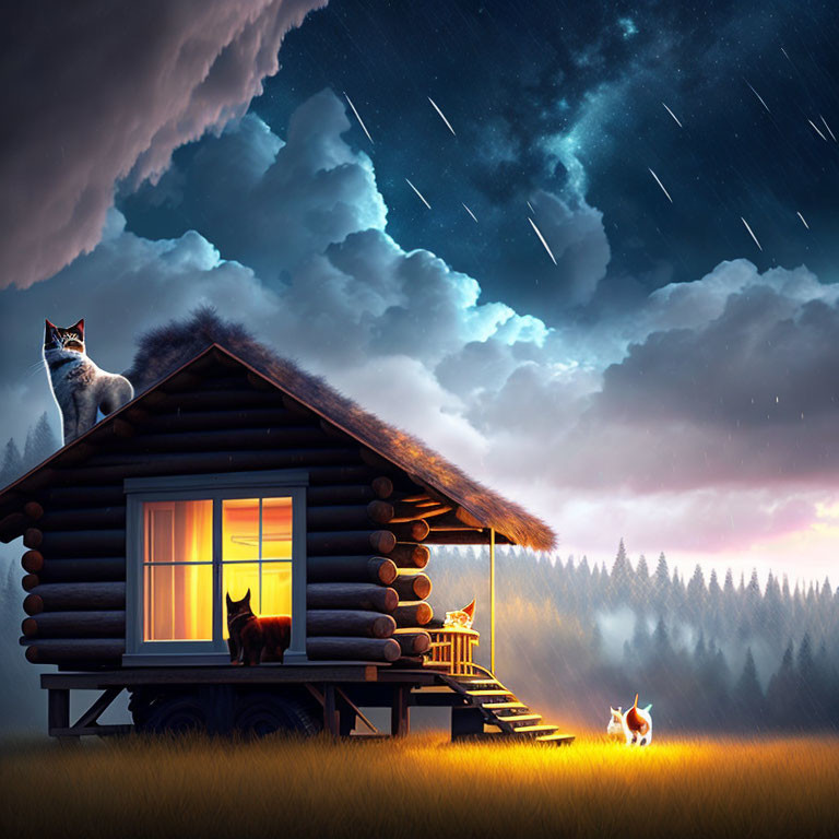 Tranquil twilight setting with wooden cabin and cats under starry sky