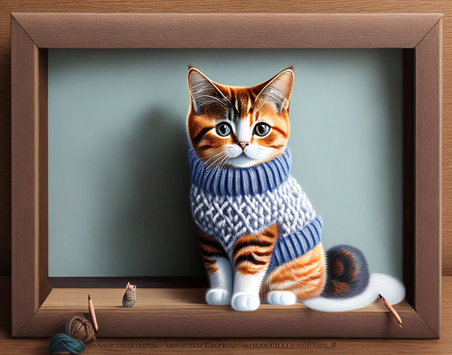 Illustrated Cat in Blue Sweater with Yarn and Toy Mouse in Wooden Frame