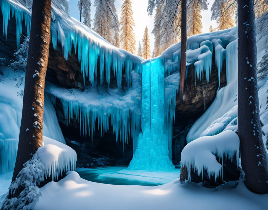 Frozen Waterfall with Icicles in Snowy Forest Scene