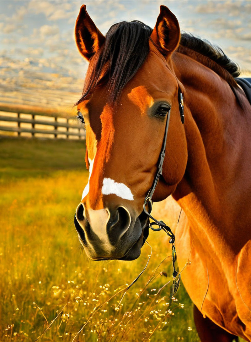 Brown horse with white blaze in golden field at sunset