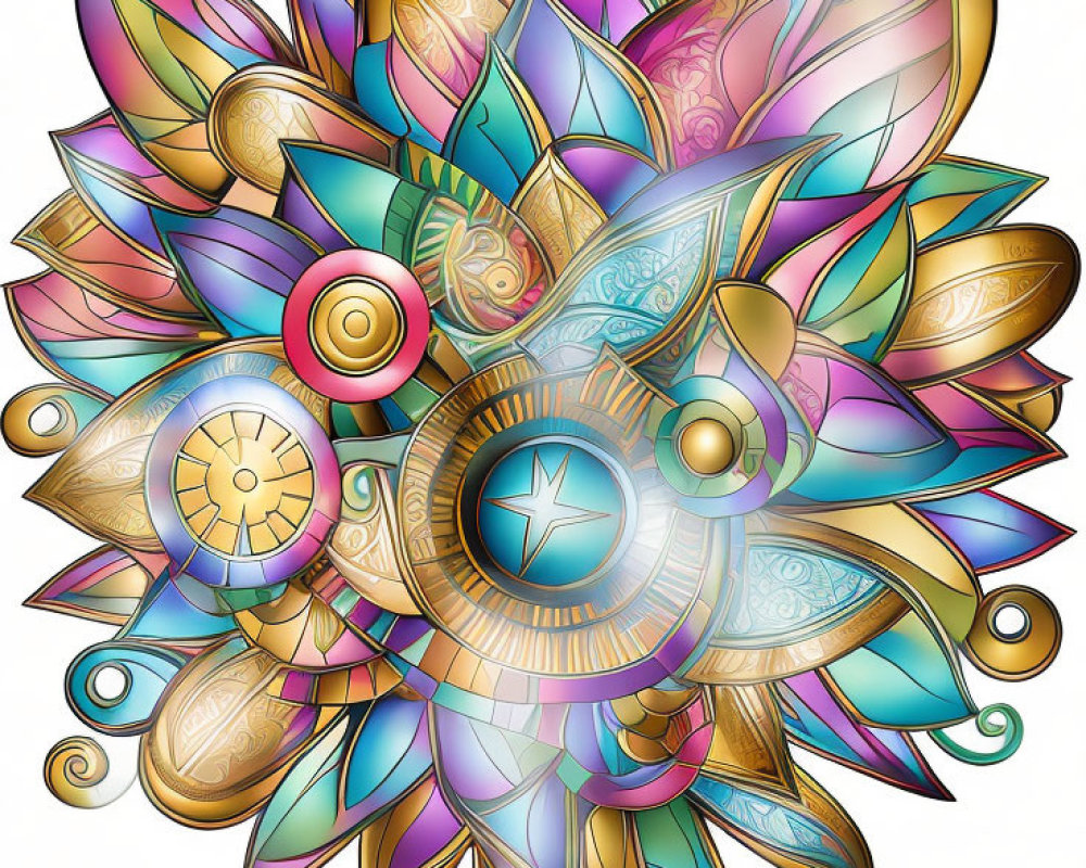 Colorful Mandala with Intricate Patterns in Blue, Pink, and Gold