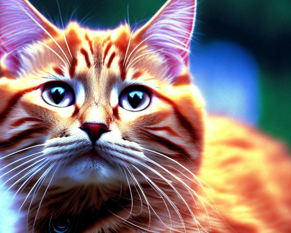Vibrant ginger tabby cat with green eyes on blurred blue background