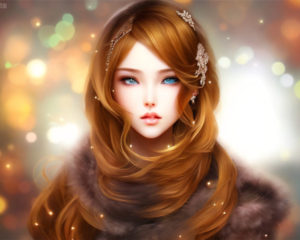 Digital artwork of a woman with long wavy hair, blue eyes, jeweled headpiece, fur