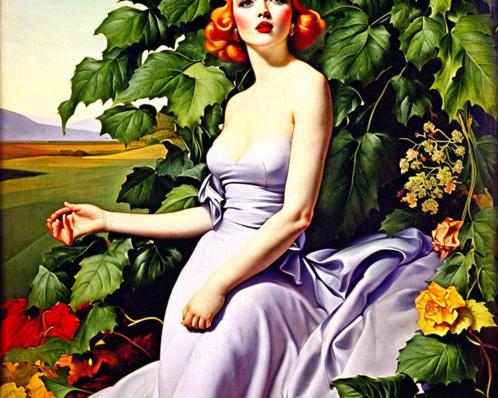 Vintage portrait: Red-haired woman in lavender dress among roses, pastoral landscape.
