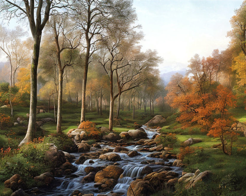 Tranquil autumn landscape with babbling brook and colorful trees