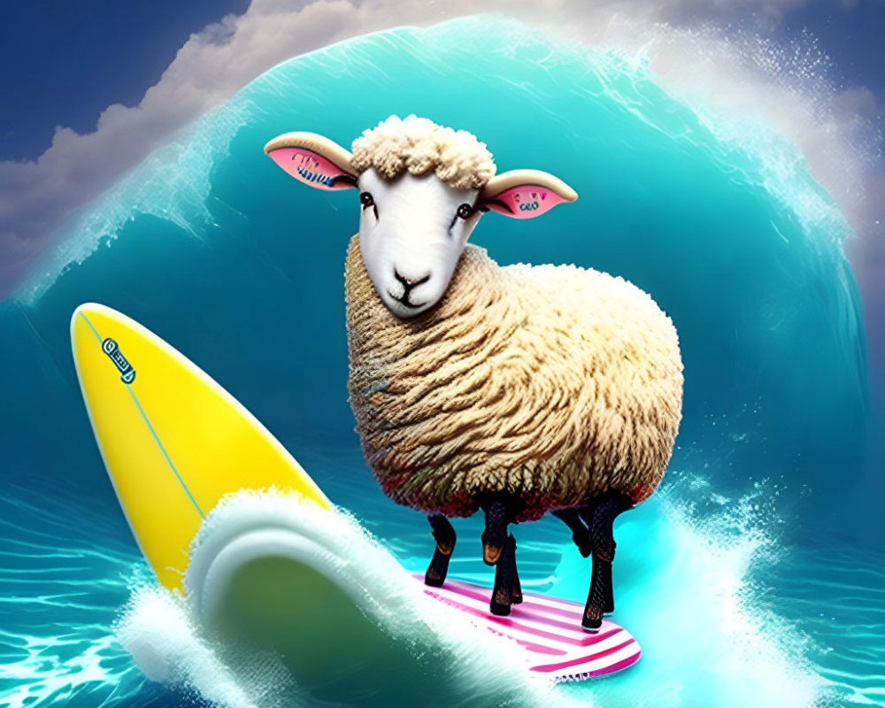 Sheep surfing on big wave under blue sky