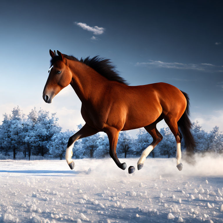 Majestic brown horse galloping in snowy landscape