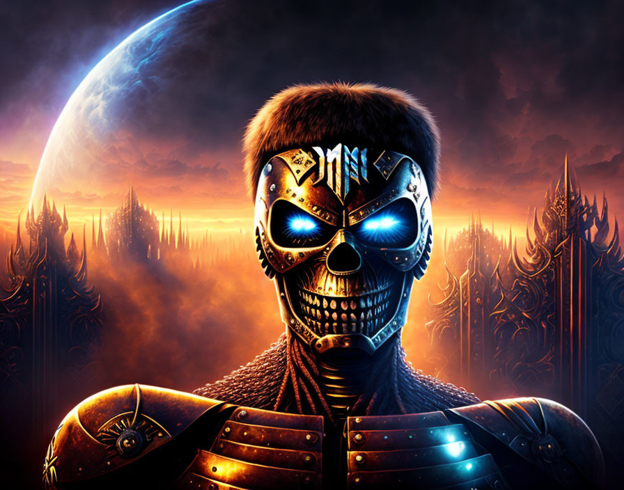 Futuristic warrior with glowing skull mask in dystopian landscape