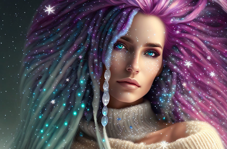 Digital illustration: Woman with pink and blue galaxy hair, blue eyes, white turtleneck.