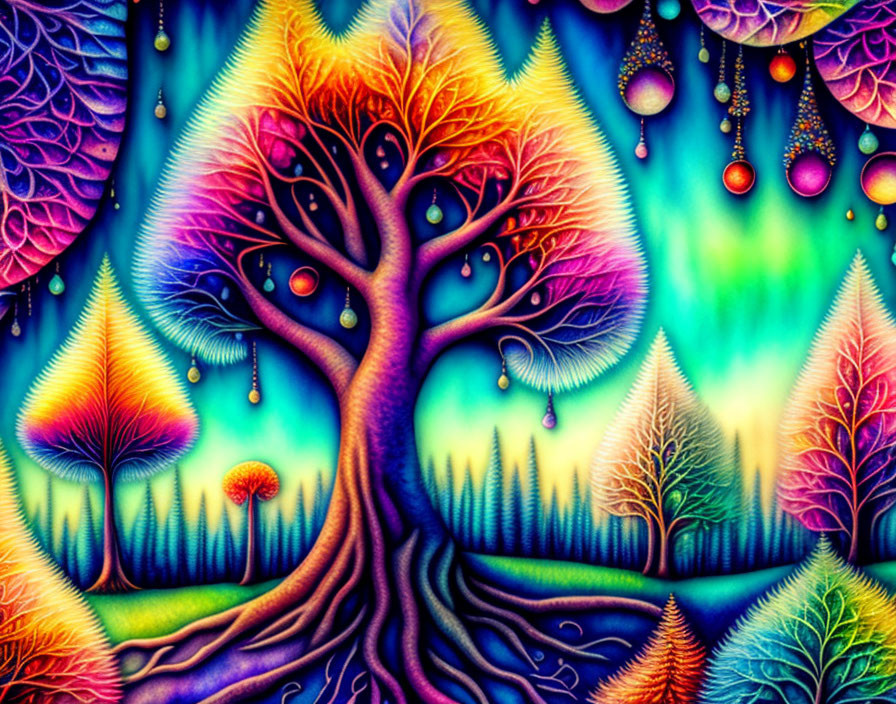 Colorful Illustration of Whimsical Tree with Psychedelic Background