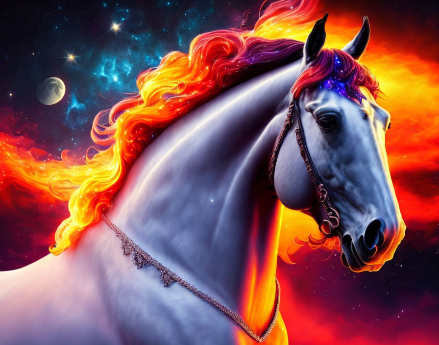 White Horse with Fiery Mane in Cosmic Setting
