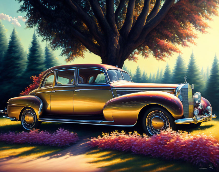 Vintage Car in Serene Landscape with Lush Greenery