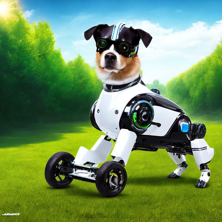 Dog with Goggles on Robotic Body in Sunny Field